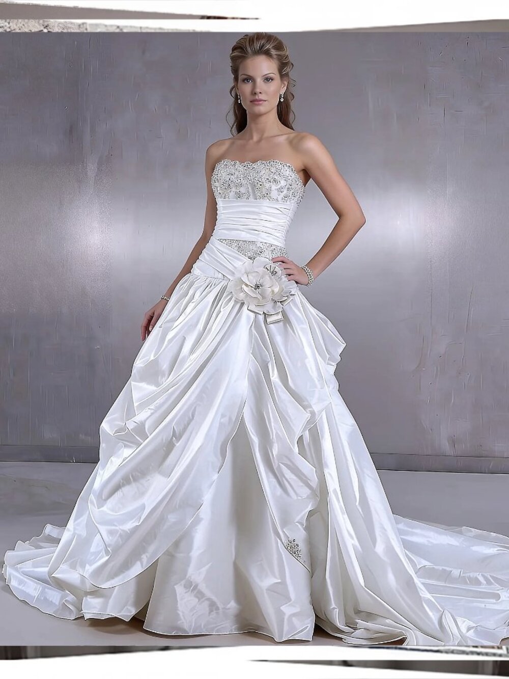 NWT: Vintage Soft Shimmer Taffeta Wedding Gown w Crystal, Bead, Lace & Floral
